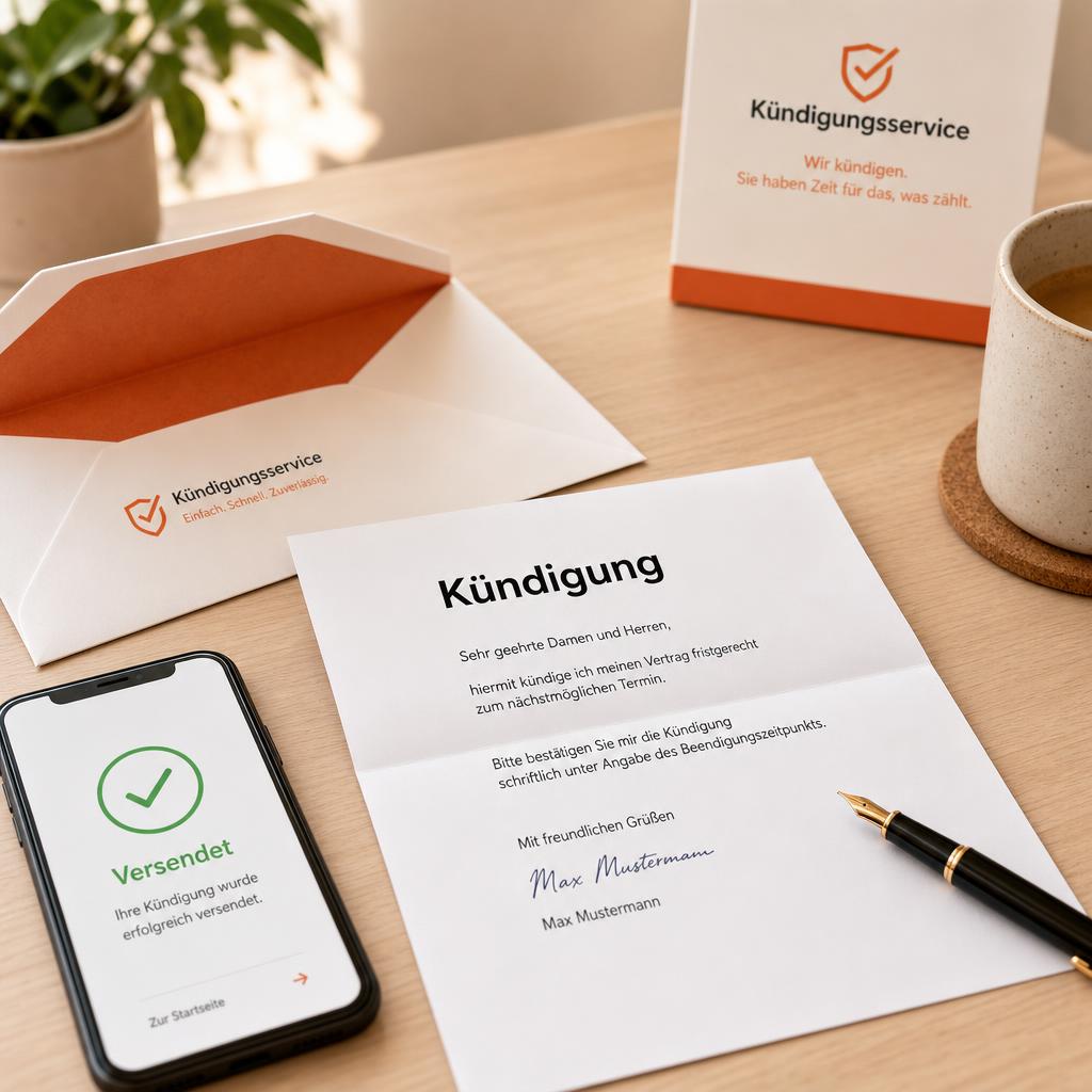 Kündigungsschreiben mit Briefumschlag und Versandbestätigung.
